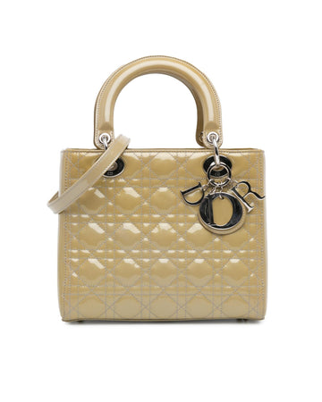 Quilted Patent Leather Handbag with Detachable Strap and Top Zip Closure