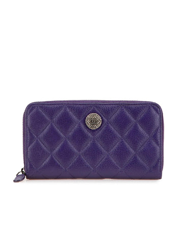 Quilted Calfskin Button Zip Around Wallet with Interior Pockets