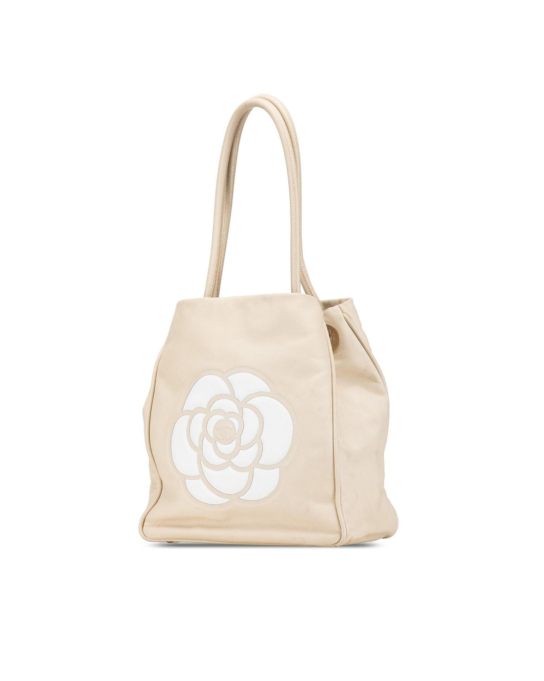 Lambskin Embossed Camellia Tote with Rolled Straps and Interior Zip Pockets