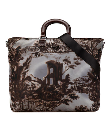 Printed Nylon Satchel with Leather Trim and Detachable Strap