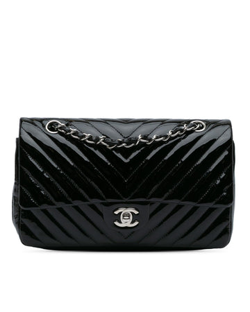 Medium Classic Chevron Patent Double Flap Shoulder Bag with Chain Straps