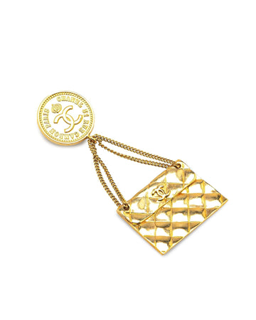 Gold Plated Quilted Flap Bag Brooch with Back Pin Closure