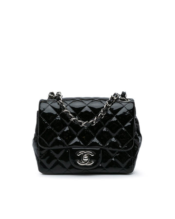 Mini Square Classic Patent Single Flap Bag with Quilted Leather and Chain Strap