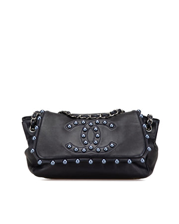 Lambskin Flap Bag with Faux Pearl Details and Chain Strap