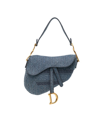 Oblique Embroidered Denim Saddle Bag with Flap Closure and Multiple Pockets