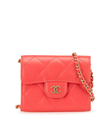 Quilted Lambskin Flap Card Holder on Chain