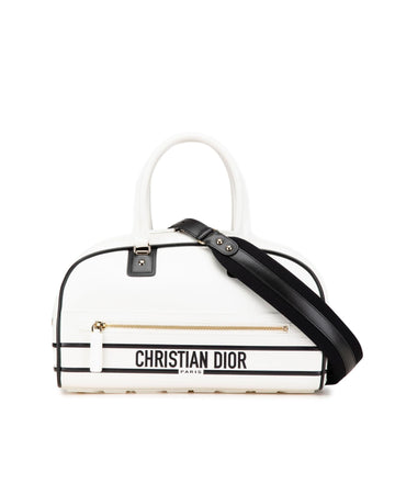 Medium Leather Bowling Bag with Detachable Strap and Multiple Pockets