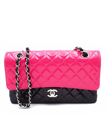 Medium Classic Bicolor Patent Double Flap Quilted Leather Shoulder Bag with CC Turn-Lock