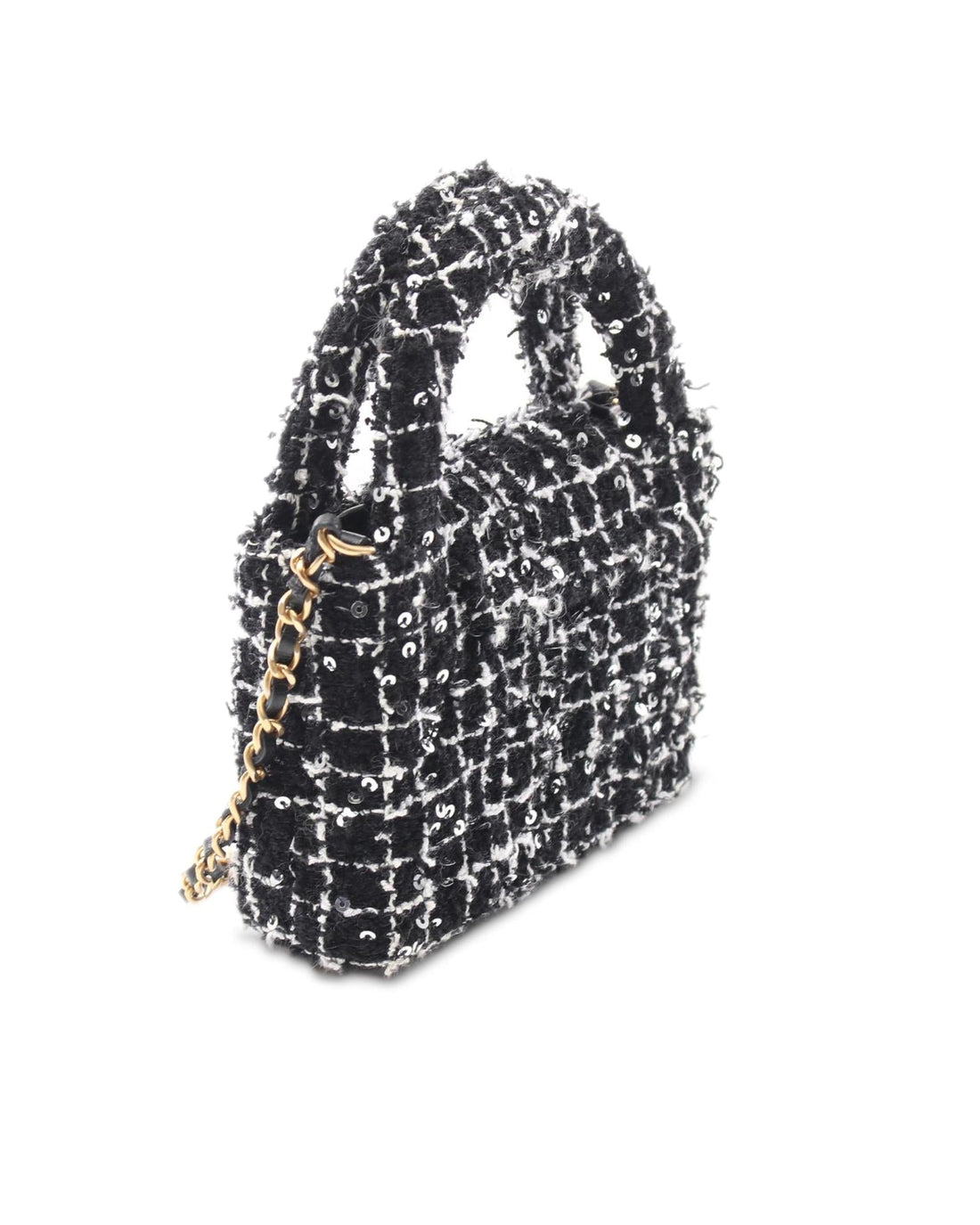 Tweed Kelly Clutch with Sequin Embellishments and Chain Strap