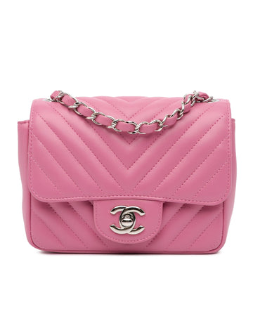 Mini Square Classic Chevron Lambskin Single Flap Bag with Woven Chain Strap
