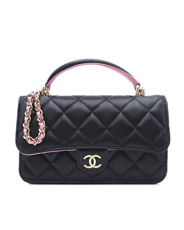 Quilted Lambskin Top Handle Phone Holder with Chain
