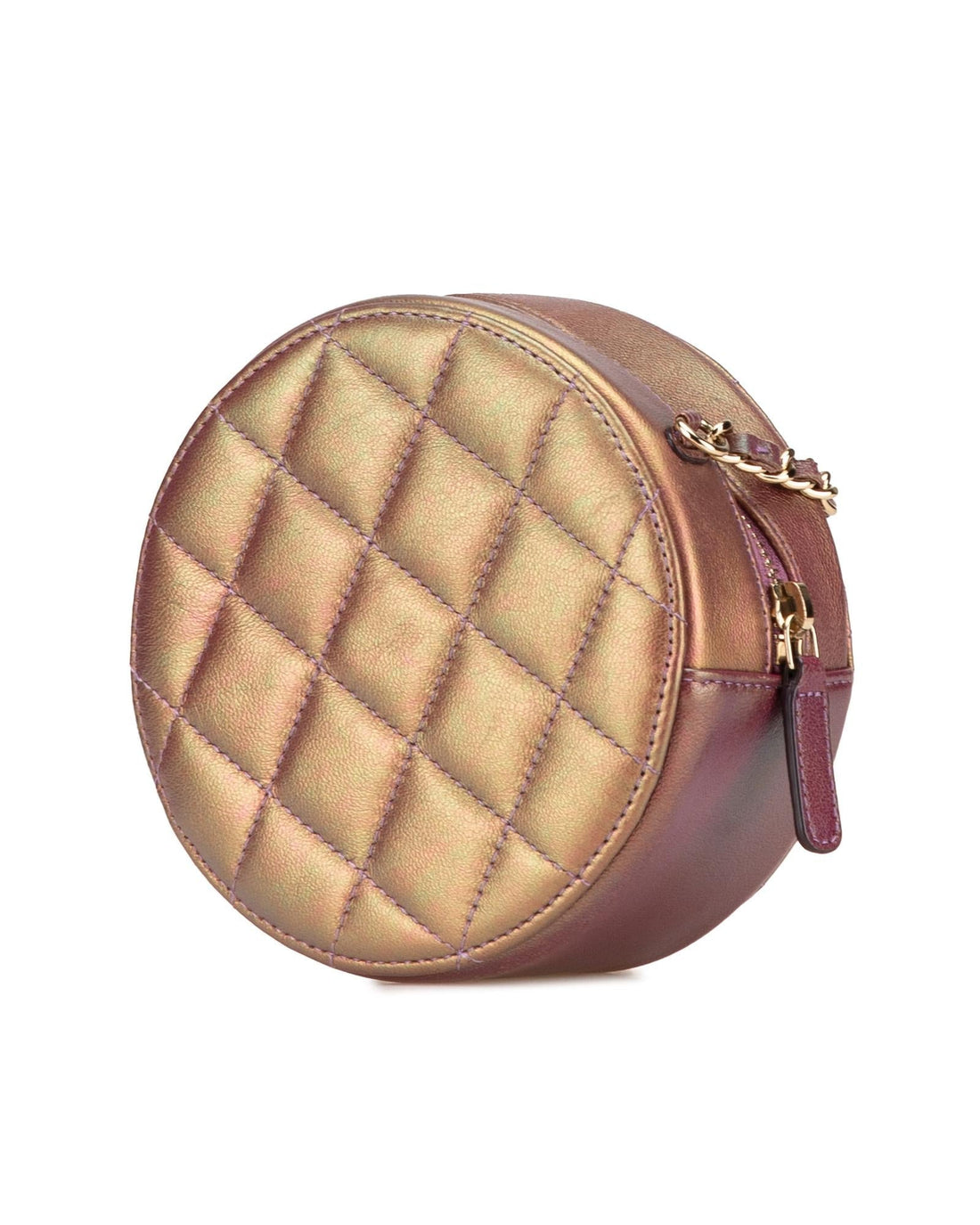 Quilted Iridescent Lambskin Round Clutch With Chain