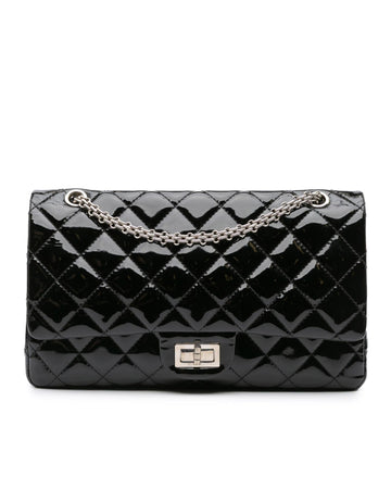 Quilted Patent Leather Double Flap Shoulder Bag with Silver-Tone Chains