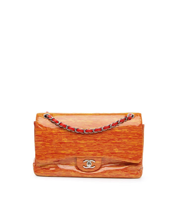 Jumbo Classic Patent Striped Double Flap Shoulder Bag with Chain Straps