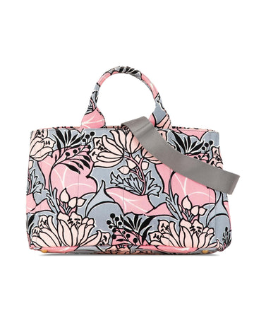 Floral Printed Canvas Satchel with Rolled Handles and Adjustable Strap