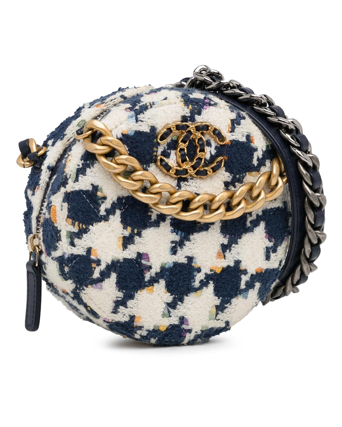 Tweed Round Clutch with Chain and Leather Strap