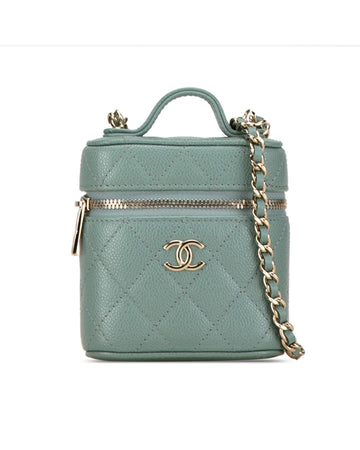 Quilted Leather Vanity Case with Chain Strap and Zip Closure