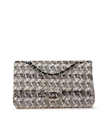 Medium Classic Tweed Double Flap Shoulder Bag with Leather Woven Chain Straps
