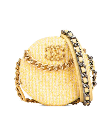 Tweed Round Clutch with Chain-Link Handle and Leather-Woven Strap