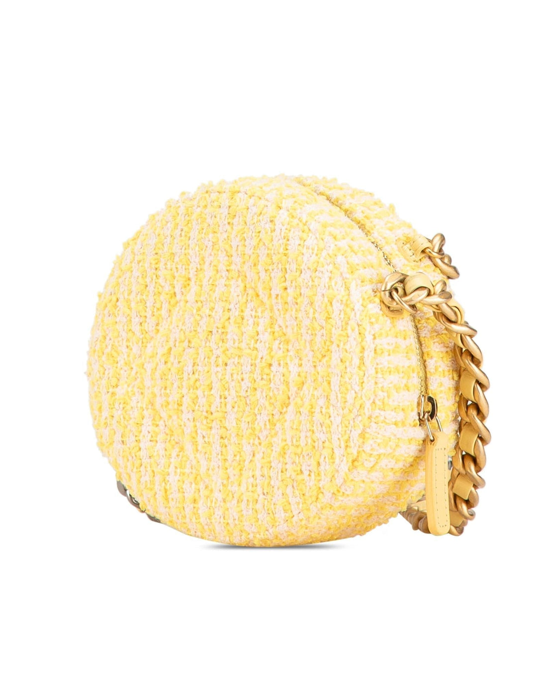 Tweed Round Clutch with Chain-Link Handle and Leather-Woven Strap