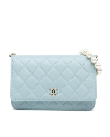 Lambskin Quilted Wallet on Chain with Pearl Strap and Magnetic Closure