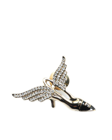 Gold Plated Wing Heel Brooch with Rhinestones
