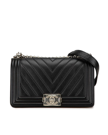 Medium Chevron Quilted Leather Flap Bag with Curb Chain Strap