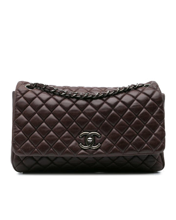 Large Iridescent Calfskin Quilted Leather Shoulder Bag with Chain Strap and Turn Lock Closure