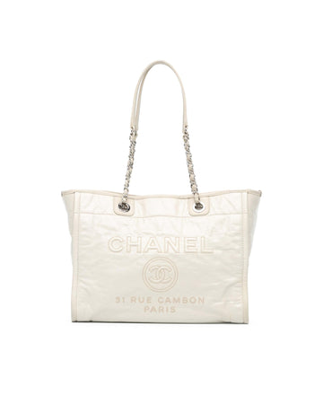 Small Glazed Calfskin Deauville Tote with Caviar Leather Trim and Leather Woven Chain Handles