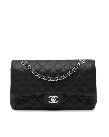 Classic Caviar Double Flap Shoulder Bag with Leather Woven Chain Straps
