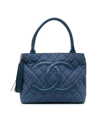 Quilted Canvas Tote with Caviar Leather Trim and Tassel
