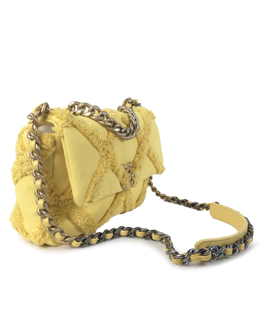 Canvas Flap Bag with Chain Handle and Leather Woven Strap