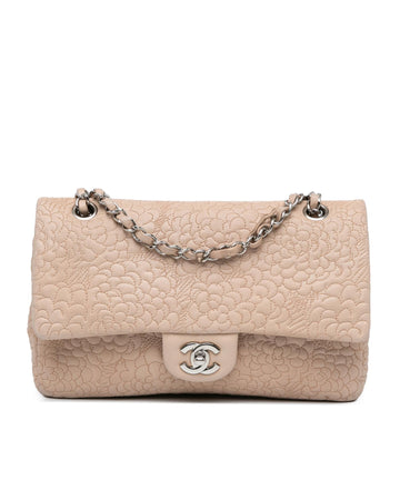 Medium Lambskin Camellia Stitched Double Flap Shoulder Bag with Chain Strap