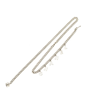 Silver-Tone Chain Belt with Logo Charms and Hook Closure