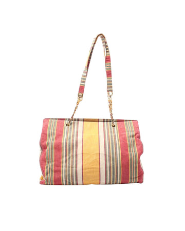 Multicolor Canvas Striped Shopper Tote with Chain Straps and Interior Zip Pockets