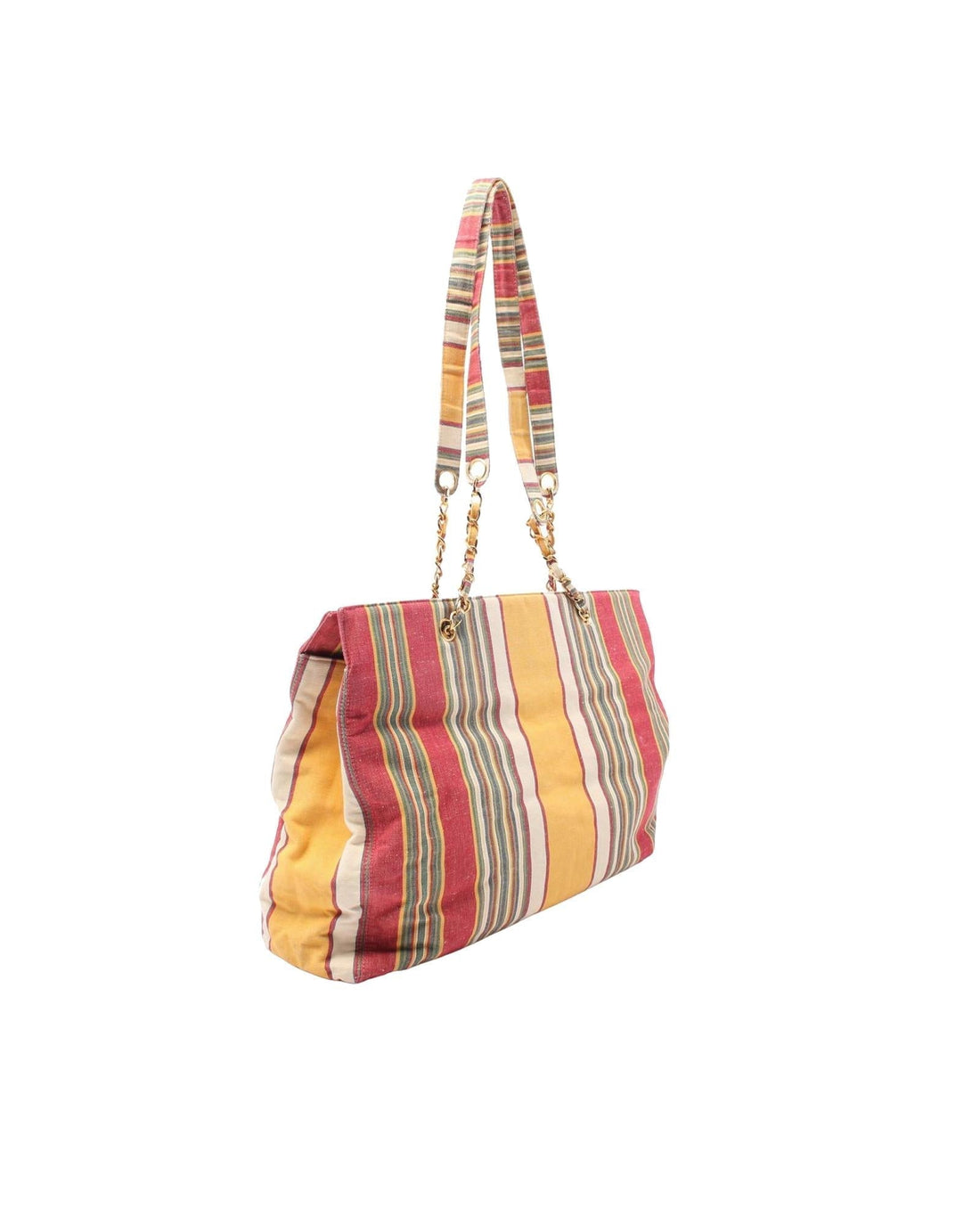 Multicolor Canvas Striped Shopper Tote with Chain Straps and Interior Zip Pockets