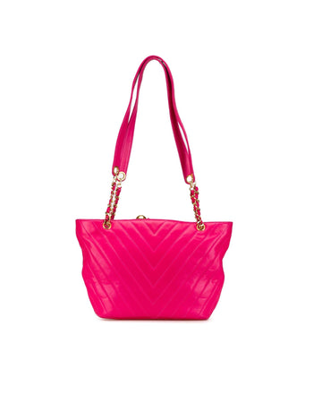 Chevron Quilted Lambskin Tote with Zip Closure and Interior Pockets