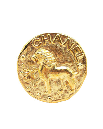 Gold Plated Round Lion Brooch with Back Pin Closure
