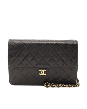 Quilted Lambskin Leather Shoulder Bag with Chain Strap and Front Flap