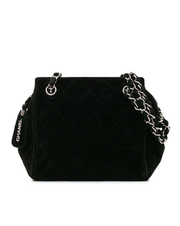 Quilted Velvet Shoulder Bag with Woven Chain Straps and Interior Zip Pocket