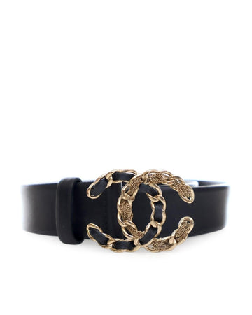 Calfskin Leather Belt with Interlocking CC Logo and Chain-Link Accent
