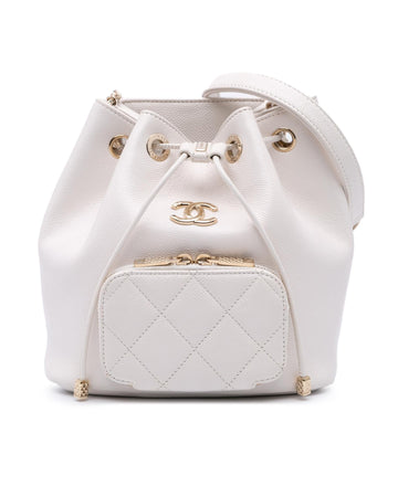 Caviar Leather Bucket Bag with Chain Strap and Drawstring Closure