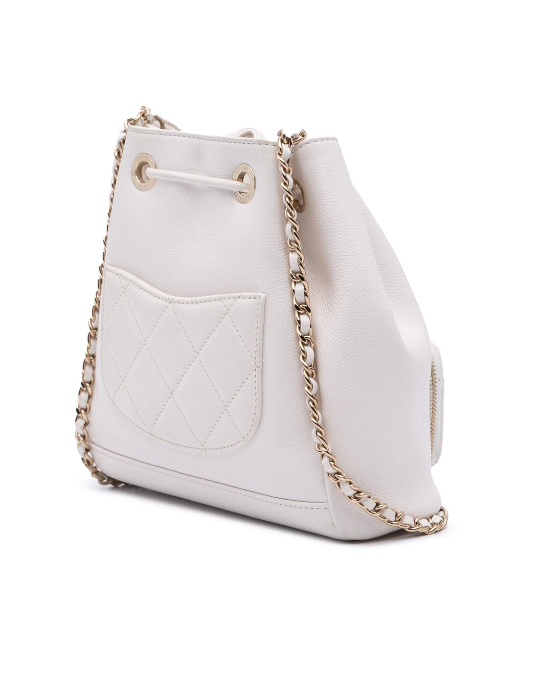 Caviar Leather Bucket Bag with Chain Strap and Drawstring Closure