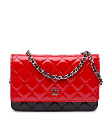 Quilted Patent Leather Wallet on Chain with Woven Strap