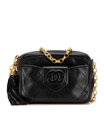 Quilted Lambskin Tassel Camera Bag with Chain Strap and Multiple Pockets