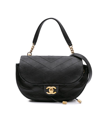 Chevron Lambskin Round Flap Satchel with Curb Chain Handles