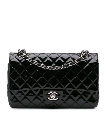 Medium Classic Patent Double Flap Quilted Leather Shoulder Bag