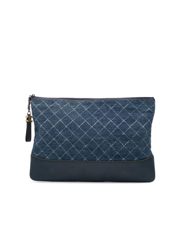 Denim Clutch with Leather Trim and Top Zip Closure