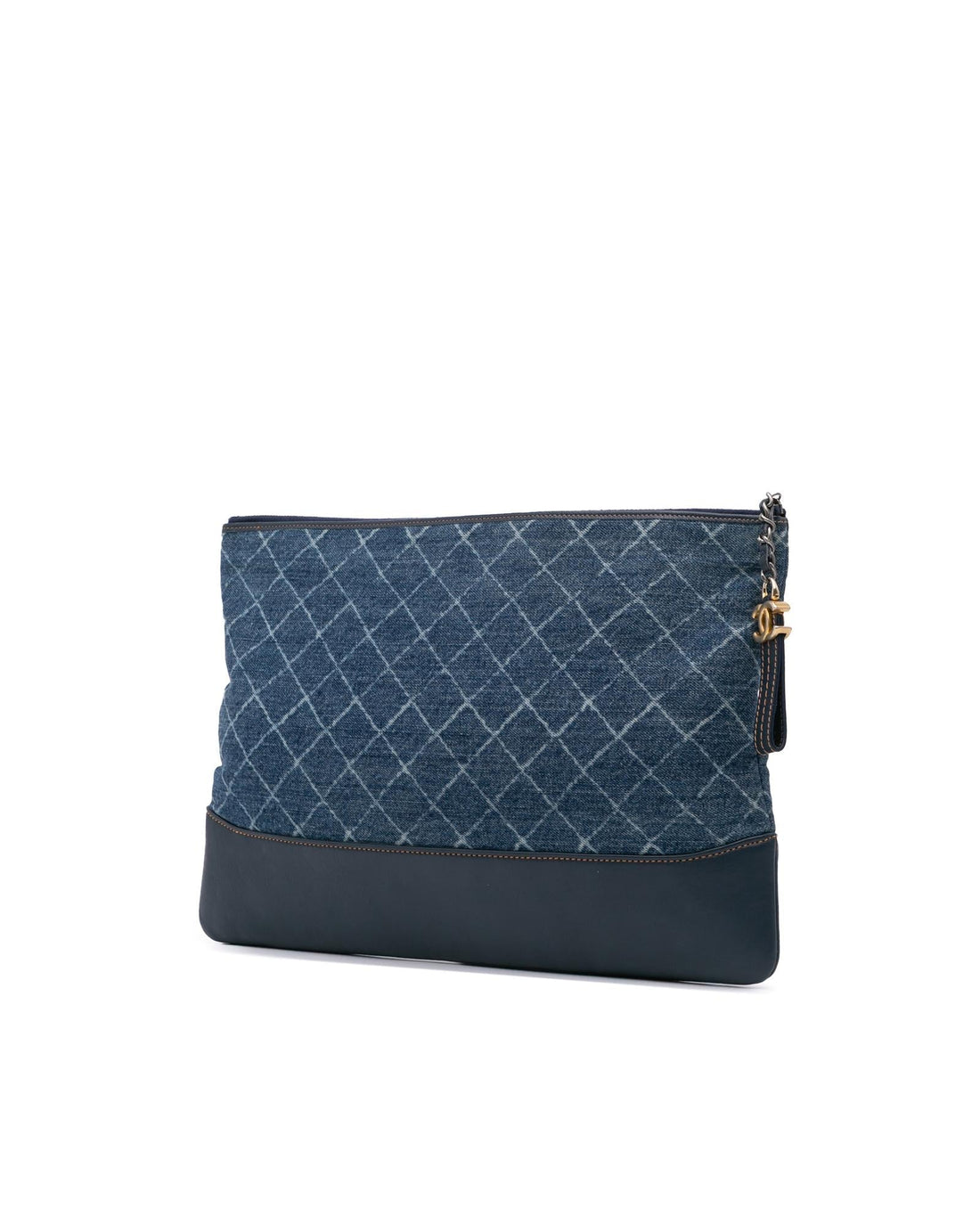 Denim Clutch with Leather Trim and Top Zip Closure