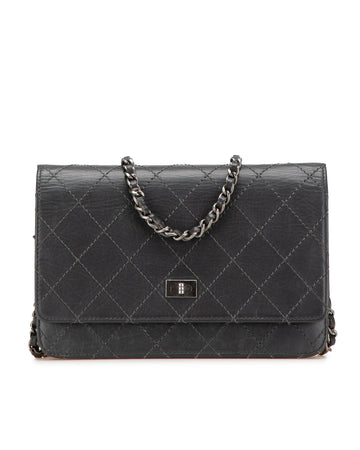 Stitched Calfskin Wallet on Chain with Leather Woven Strap